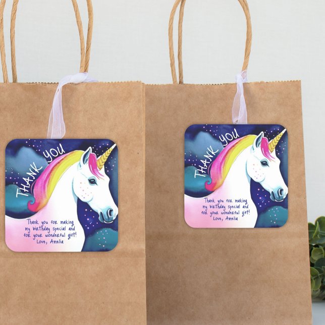 Cute Unicorn Magical Stars Girl Birthday Thank you Square Sticker (Creator Uploaded)