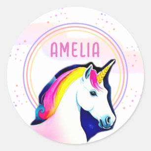 Cute Unicorn Magical Stars Girl Name Birthday  Classic Round Sticker