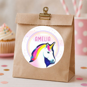 Cute Unicorn Magical Stars Girl Name Birthday  Classic Round Sticker