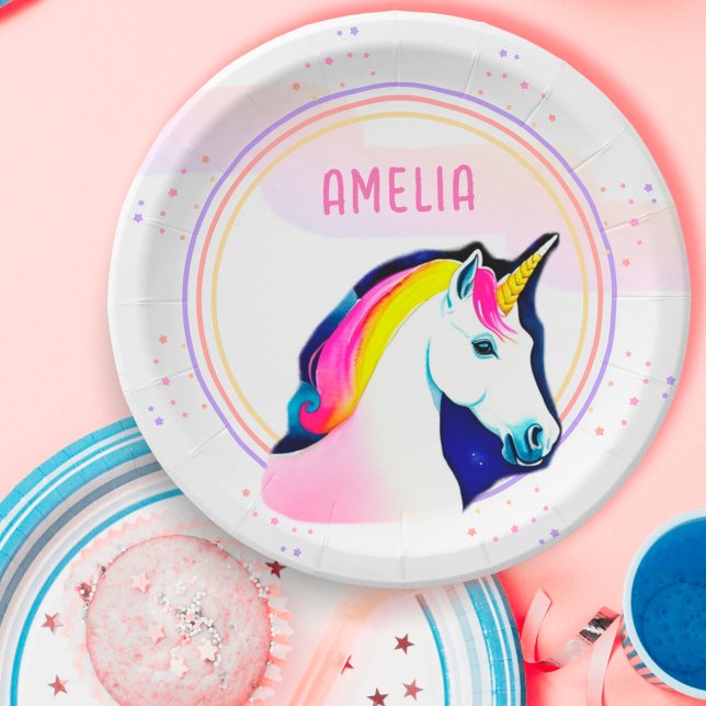 Cute Unicorn Magical Stars Girl Name Birthday  Paper Plate (Creator Uploaded)