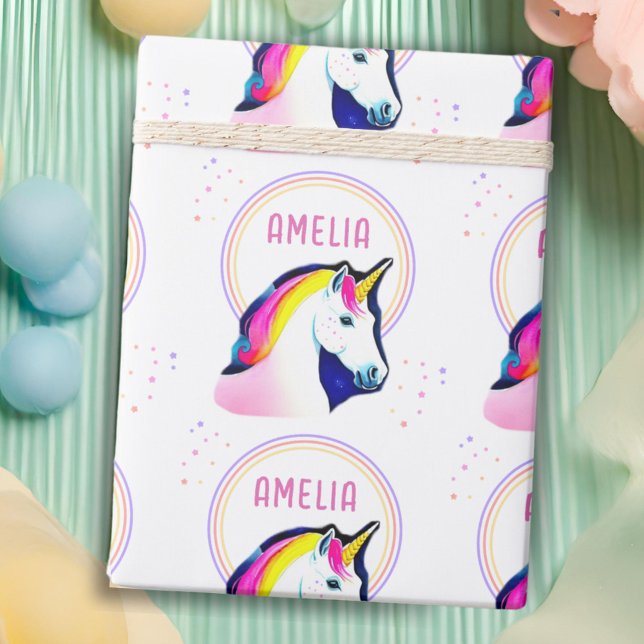 Cute Unicorn Magical Stars Girl Name Birthday  Wrapping Paper (Creator Uploaded)