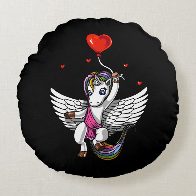 Cute Unicorn Magical Valentines Love Heart Balloon Round Cushion (Front)