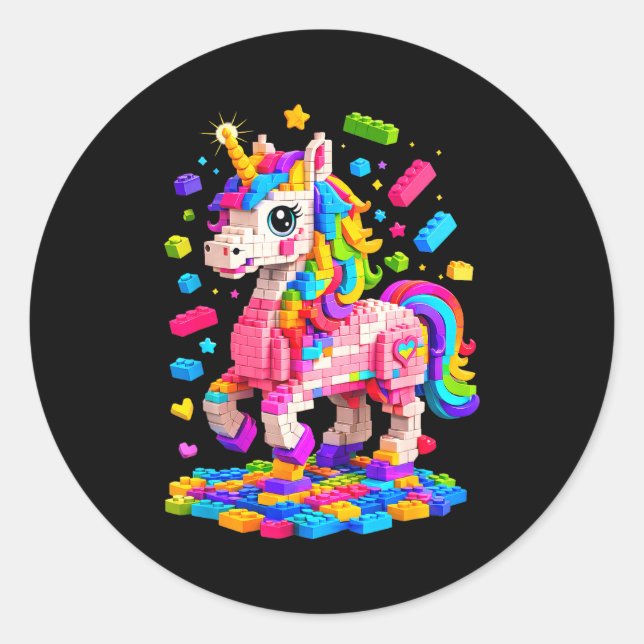 Cute unicorn master builder building bricks blocks classic round sticker (Front)