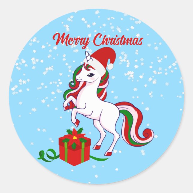 Cute Unicorn Merry Christmas  Classic Round Sticke Sticker (Front)