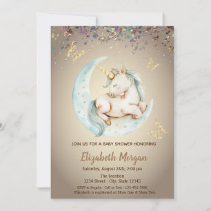 Cute Unicorn Moon Butterfly Confetti Baby Shower Invitation