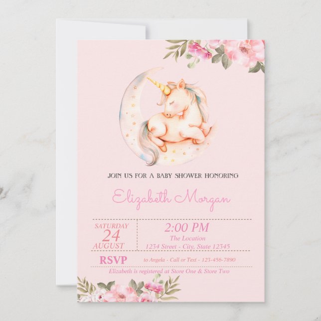 Cute Unicorn Moon Floral Baby Shower Invitation (Front)