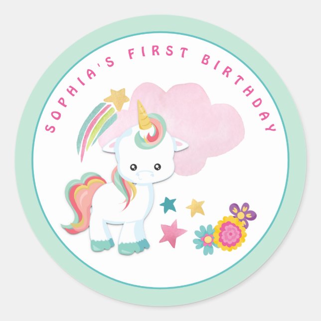 Cute Unicorn Name First Birthday Party Pale Green Classic Round Sticker (Front)
