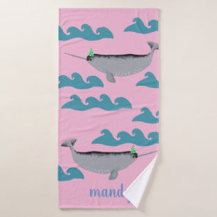 Cute Unicorn Narwhal Whale Sea Kids Name Pink  Bath Towel