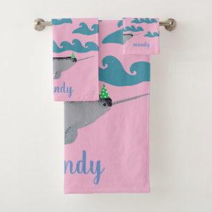 Cute Unicorn Narwhal Whale Sea Kids Name Pink  Bath Towel Set