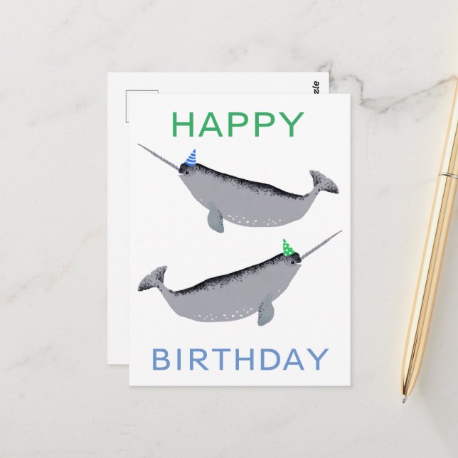 Cute Unicorn Narwhal Whale Whaley Happy Birthday Postcard (Front/Back In Situ)
