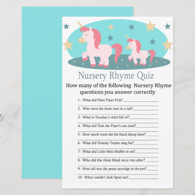 Cute Unicorn Nursery Rhyme Quiz baby shower game (Front/Back)