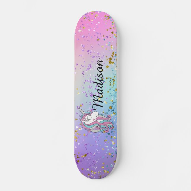 Cute Unicorn Ombre Rainbow Glitter Sparkle Skateboard (Front)