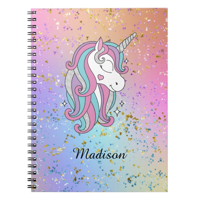 Cute Unicorn Ombre Rainbow Glitter Sparkle Spiral Notebook (Front)