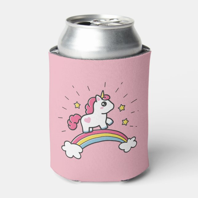 Cute Unicorn On A Rainbow Design Can Cooler (Can Front)