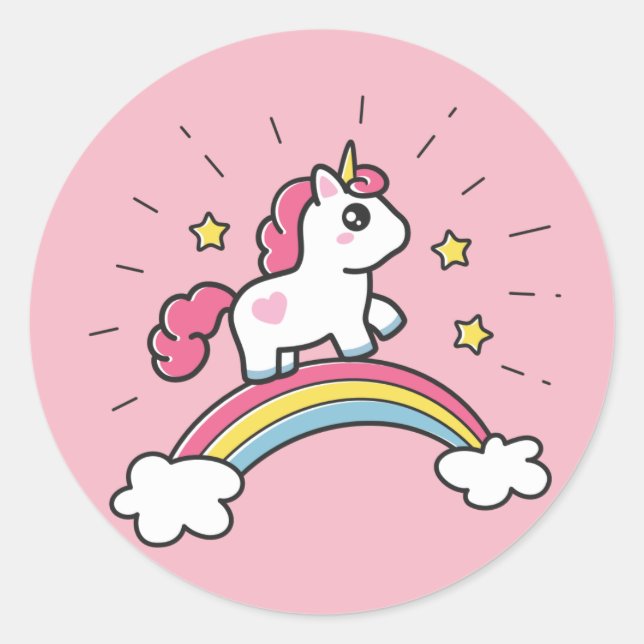 Cute Unicorn On A Rainbow Design Classic Round Sticker (Front)