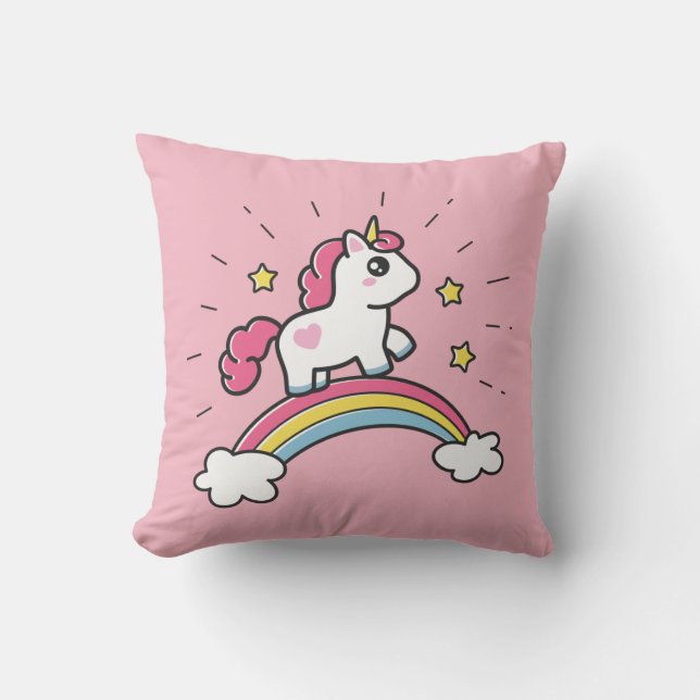 Cute Unicorn On A Rainbow Design Cushion (Front)