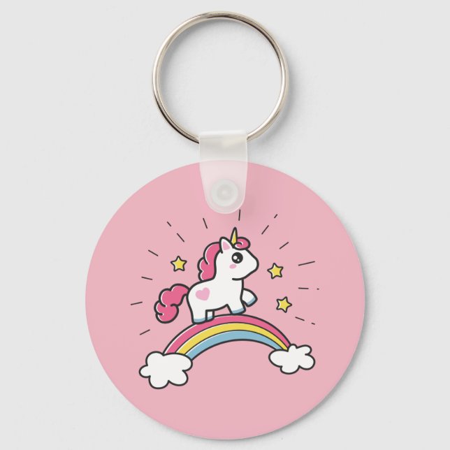 Cute Unicorn On A Rainbow Design Key Ring (Front)