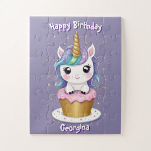 Cute Unicorn on Cake Personalised Kids Birthday Jigsaw Puzzle