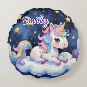 Cute Unicorn on Cloud Editable Name Round Pillow
