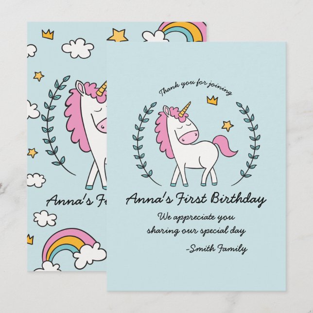 Cute Unicorn on Laurels. Birthday. Thank You. Invitation (Front/Back)
