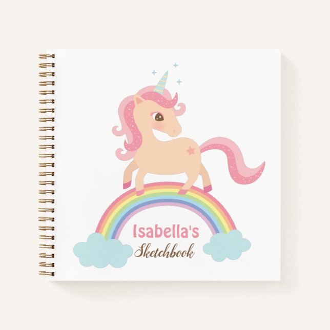 Cute Unicorn On Rainbow Girls Name Sketchbook Notebook (Front)