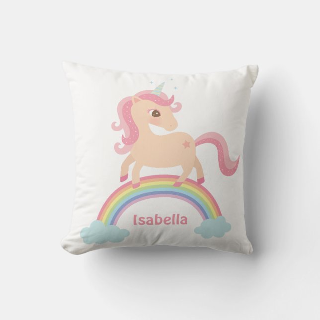 Cute Unicorn on Rainbow Girls Room Decor Pillow (Front)