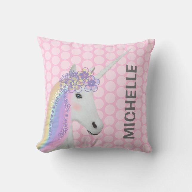 Cute Unicorn Pastel Pink Polka Dots Cushion (Front)