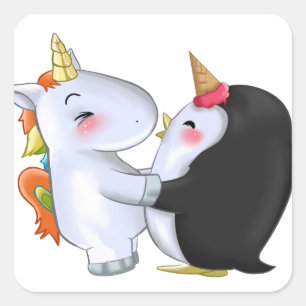 Cute Unicorn Penguin Ice Creame Horn Hugging Gift Square Sticker
