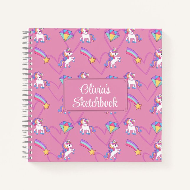 Cute Unicorn Personalised Girl Sketchbook Notebook (Front)