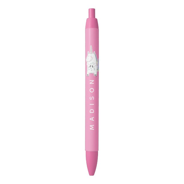 Cute Unicorn - Personalised Pink Girls' Black Ink Pen (Front Vertical)