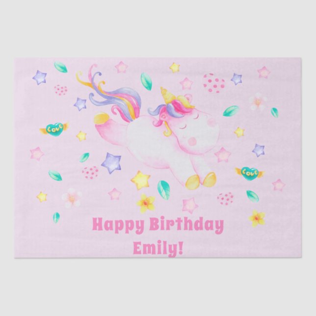 Cute Unicorn - Personalised Pink Kids Birthday Tissue Paper (Front)