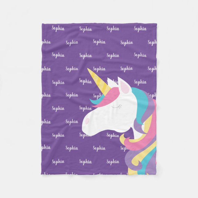 Cute Unicorn Personalised Purple Girl Fleece Blanket (Front)