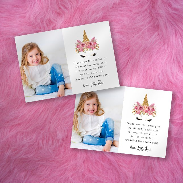 Cute Unicorn Photo Kid's Birthday Party Thank You Card (Creator Uploaded)