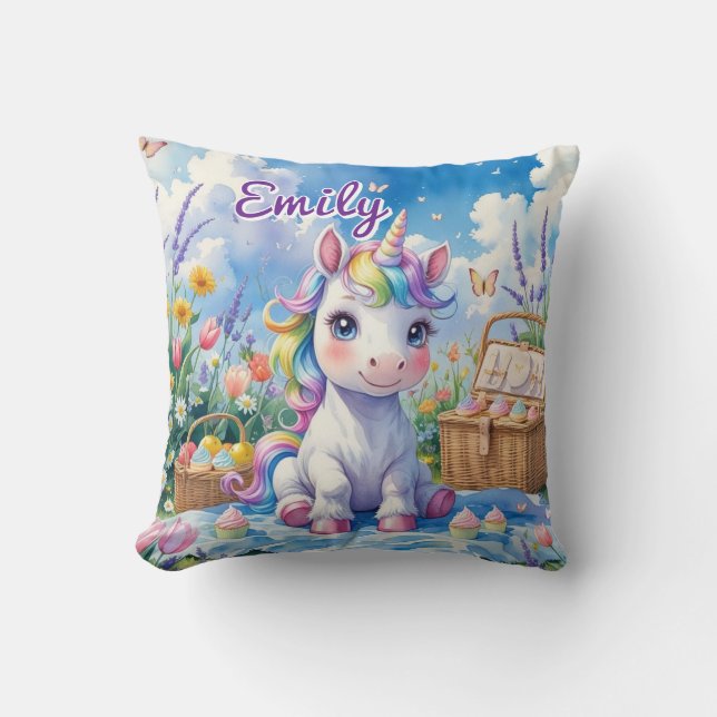 Cute Unicorn Picnic Pillow – Editable Name (Front)