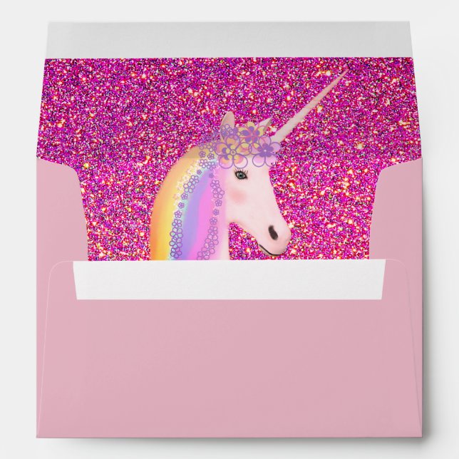 Cute Unicorn Pink and Gold Glitter Ombre Birthday Envelope (Back (Bottom))