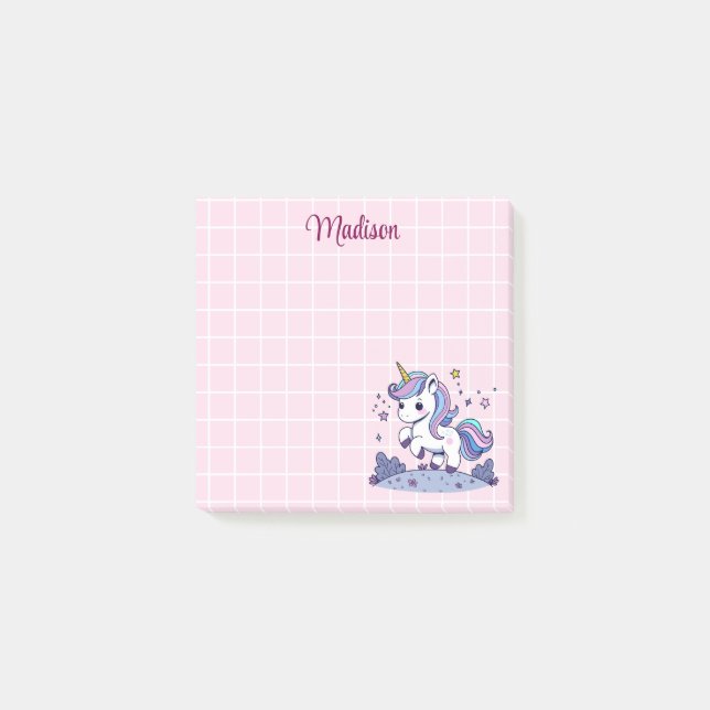 Cute Unicorn Pink and White Grid Post-it Notes (Front)