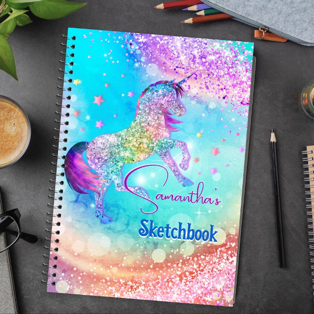 Cute unicorn pink aqua faux glitter custom gift notebook (Creator Uploaded)
