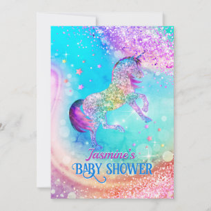 Cute unicorn pink aqua glitter baby shower  invitation