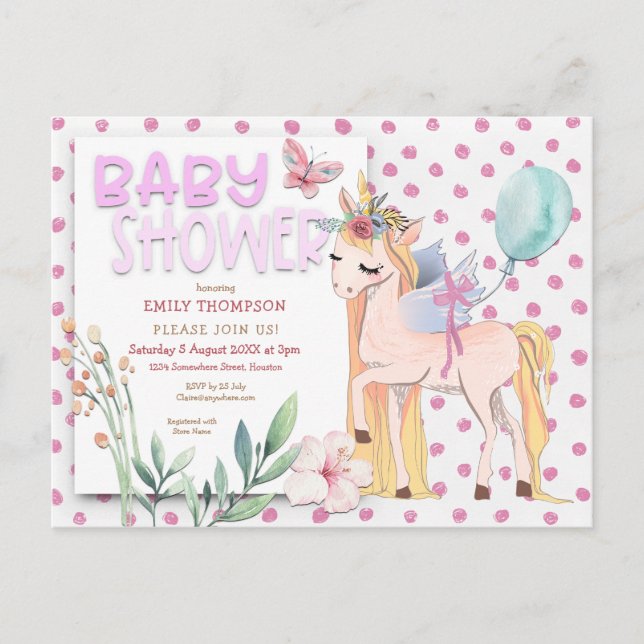 Cute Unicorn Pink Baby Shower Invitation Postcard (Front)