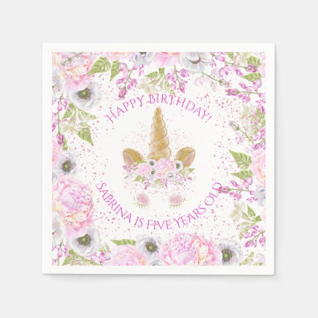 Cute Unicorn Pink Birthday Party WhimsicalArtwork™ Napkin (Front)