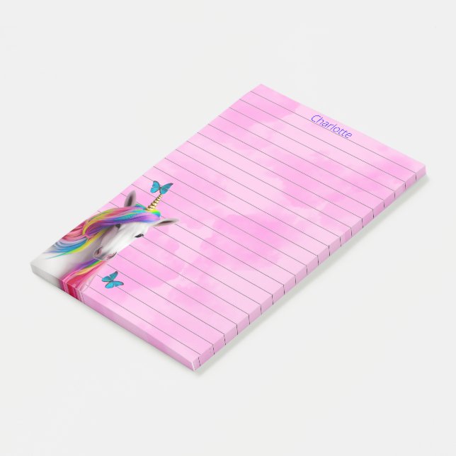 Cute Unicorn Pink Clouds Lined Pink Post It Notes (Angled)