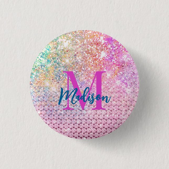 cute unicorn pink faux glitter rhinestone monogram 3 cm round badge (Front)