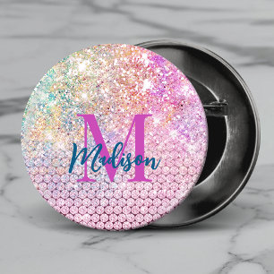 cute unicorn pink faux glitter rhinestone monogram 3 cm round badge