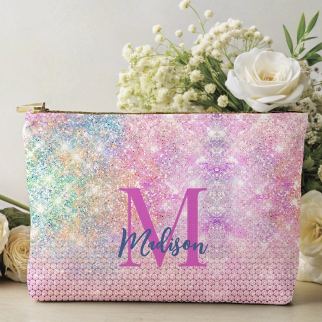 cute unicorn pink faux glitter rhinestone monogram accessory pouch (Creator Uploaded)