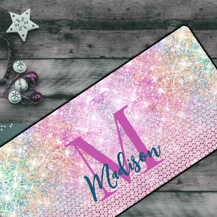 cute unicorn pink faux glitter rhinestone monogram desk mat