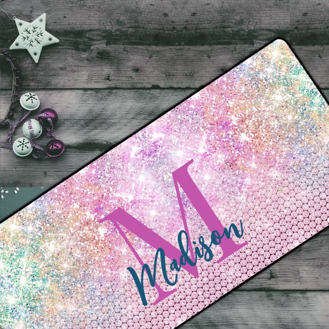cute unicorn pink faux glitter rhinestone monogram desk mat (Creator Uploaded)