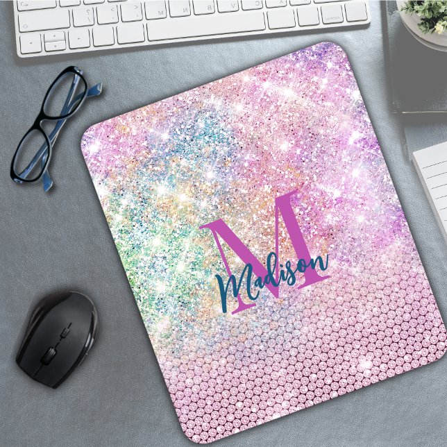 cute unicorn pink faux glitter rhinestone monogram mouse mat (Creator Uploaded)