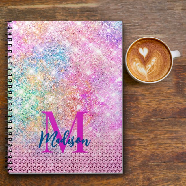 cute unicorn pink faux glitter rhinestone monogram notebook (Creator Uploaded)