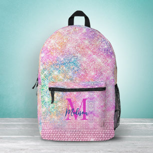 cute unicorn pink faux glitter rhinestone monogram printed backpack