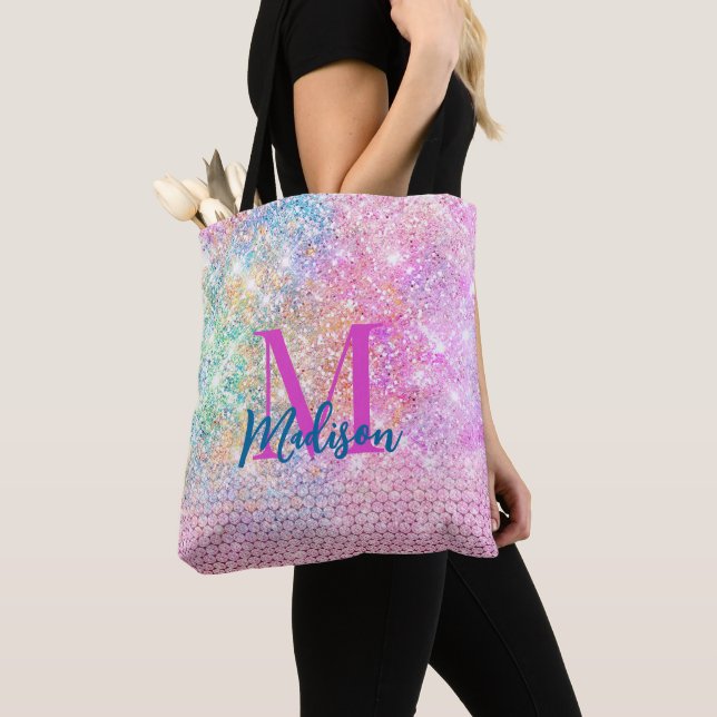 cute unicorn pink faux glitter rhinestone monogram tote bag (Close Up)